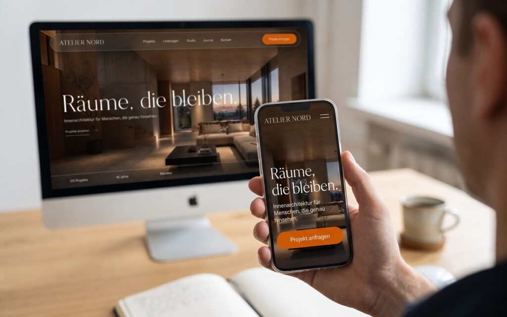 Hand hält ein Smartphone mit einer Website, im Hintergrund zeigt ein Monitor dieselbe Website