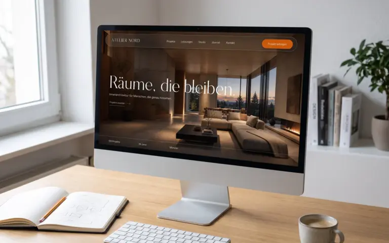 Monitor auf einem Schreibtisch zeigt eine Website mit klarer Navigationsleiste: Projekte, Leistungen, Studio, Journal, Kontakt